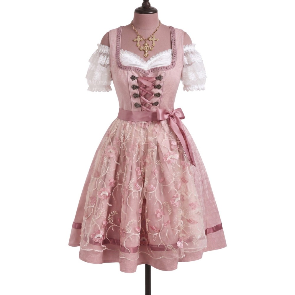 New L Pink Mauve Lace Oktoberfest Dirndl Traditional German Austrian Dress